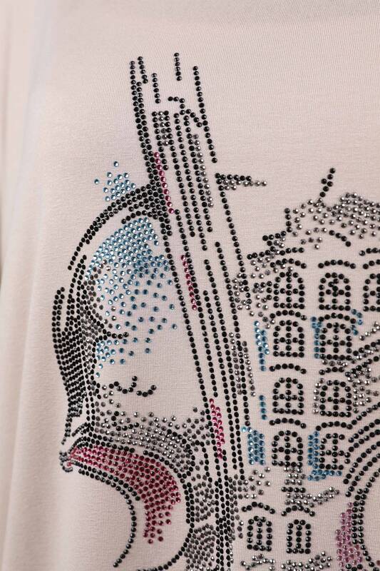 Wholesale Women's Combed Cotton Crew Neck Stone Embroidered - 77570 | KAZEE