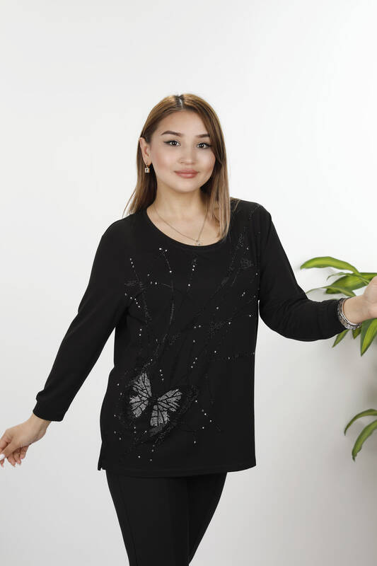 Wholesale Women's Combed Cotton Butterfly Detailed Stone Embroidered - 77912 | KAZEE