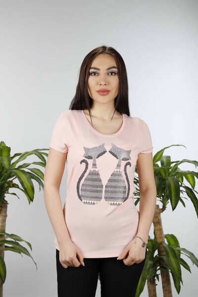 Wholesale Women's Combed Cotton Cat Patterned Stone Embroidery - 76101 | KAZEE - Thumbnail