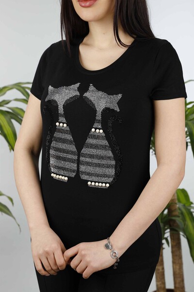 Wholesale Women's Combed Cotton Cat Patterned Stone Embroidery - 76101 | KAZEE - Thumbnail