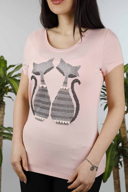Wholesale Women's Combed Cotton Cat Patterned Stone Embroidery - 76101 | KAZEE