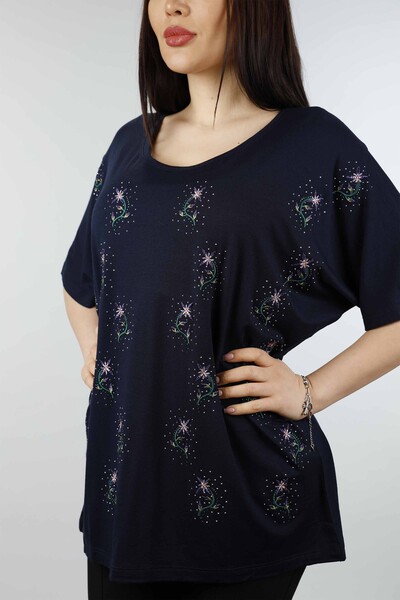 Wholesale Women's Combed Cotton Floral Patterned Stone Embroidery - 77639 | KAZEE - Thumbnail