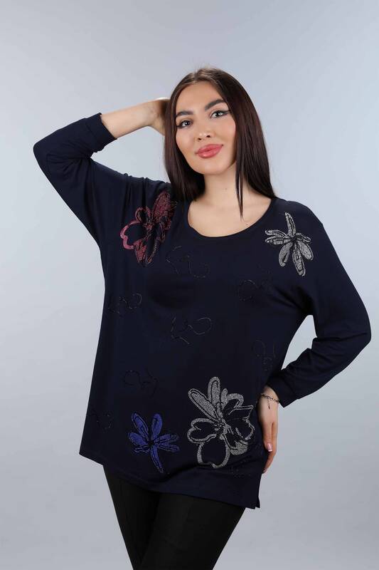 Wholesale Women's Combed Cotton Floral Patterned Stone Embroidery - 77915 | KAZEE