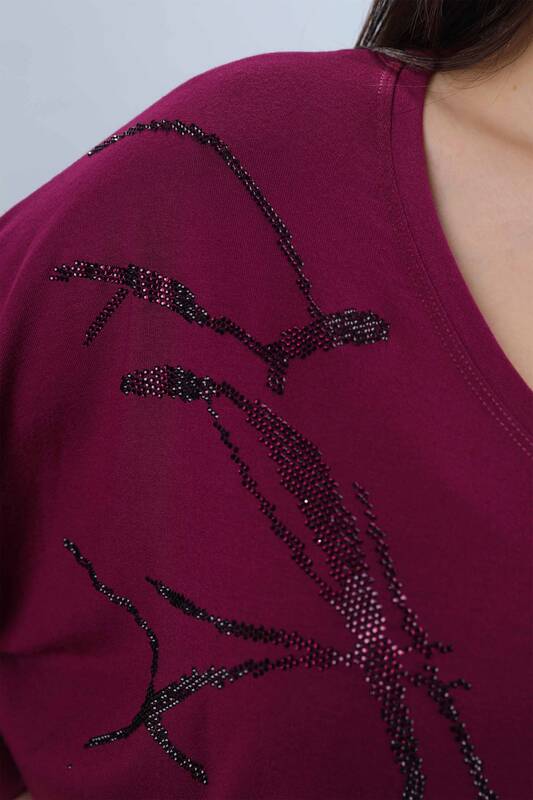 Wholesale Women's Combed Cotton V Neck Stone Embroidery - 77905 | KAZEE