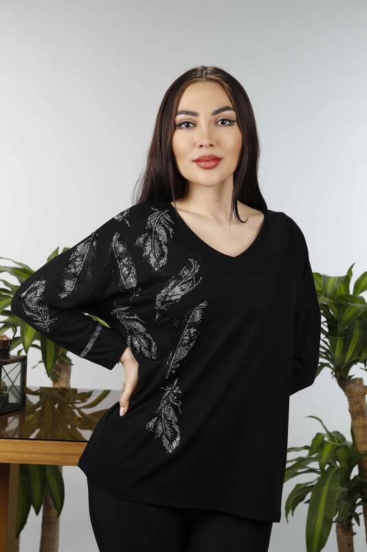 Wholesale Women's Combed Cotton Feather Patterned Stone Embroidered - 77933 | KAZEE