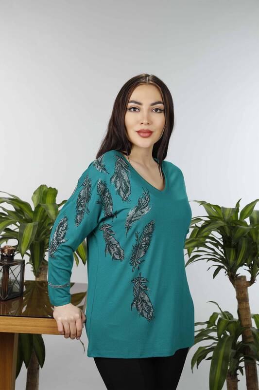 Wholesale Women's Combed Cotton Feather Patterned Stone Embroidered - 77933 | KAZEE