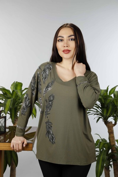 Wholesale Women's Combed Cotton Feather Patterned Stone Embroidered - 77933 | KAZEE - Thumbnail