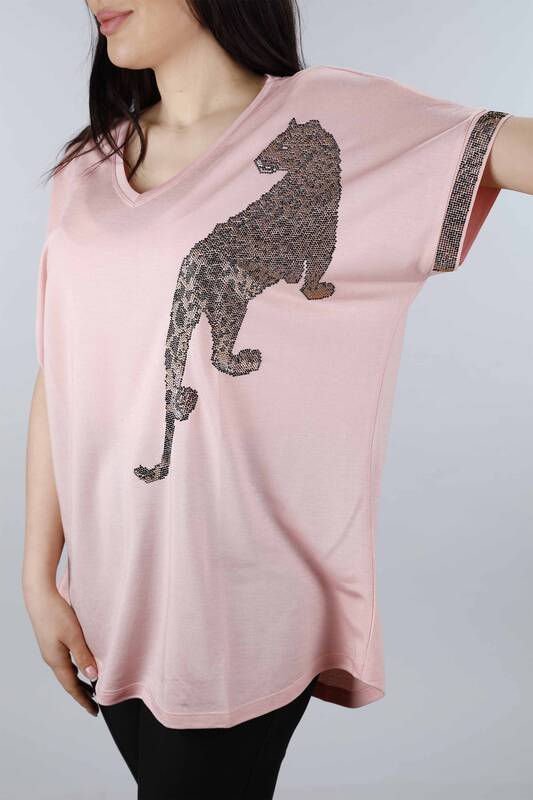 Wholesale Women's Combed Cotton Leopard Patterned Stone Embroidered - 77600 | KAZEE