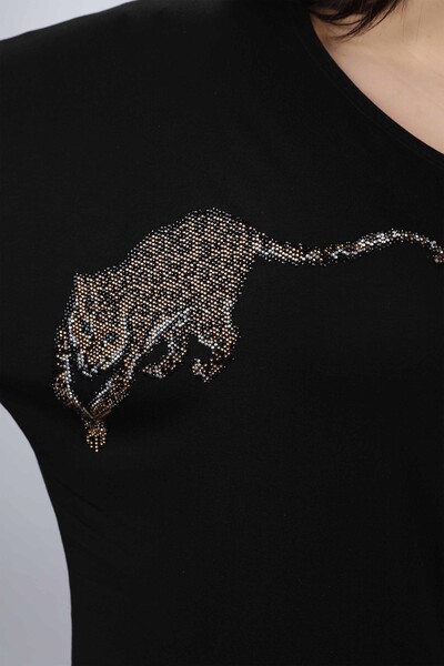 Wholesale Women's Combed Cotton Leopard Patterned Stone Embroidery - 77703 | KAZEE - Thumbnail