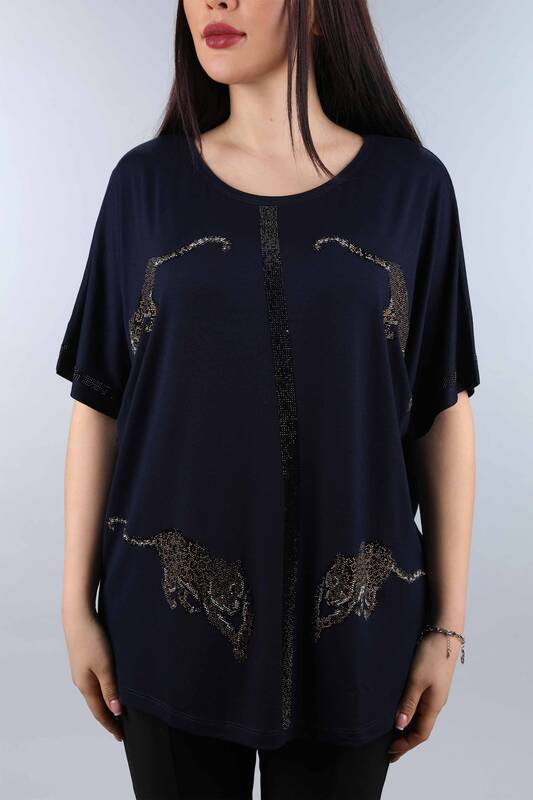 Wholesale Women's Combed Cotton Leopard Patterned Stone Embroidery - 77703 | KAZEE