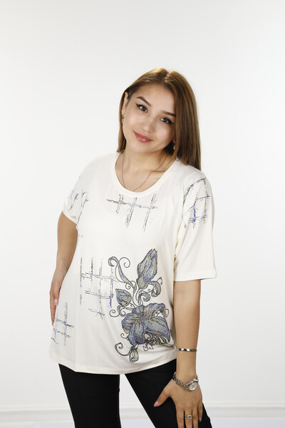 Wholesale Women's Combed Cotton Flower Detailed Stone Embroidered 78825 | KAZEE - Thumbnail