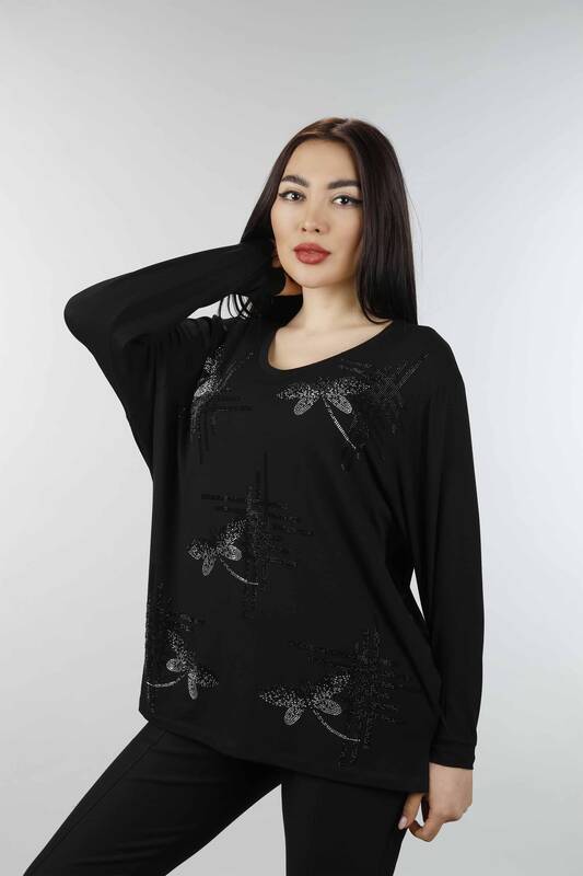 Wholesale Women's Combed Cotton Butterfly Patterned Stone Embroidered - 77840 | KAZEE