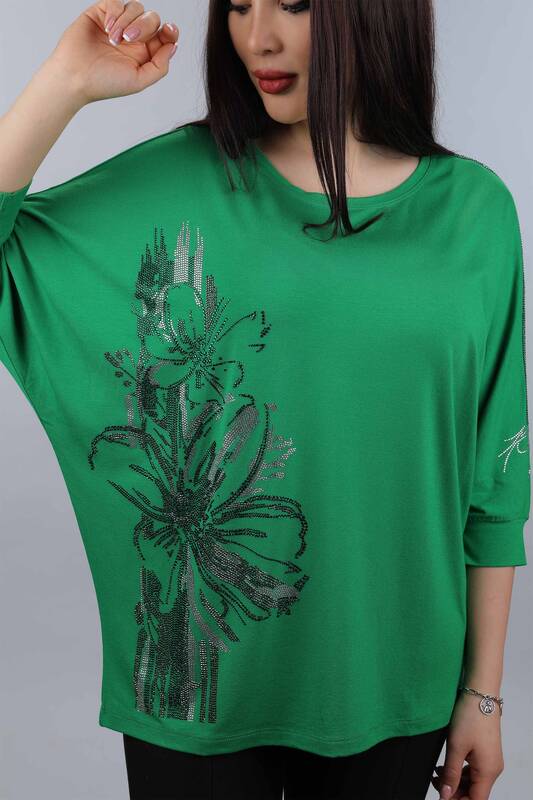 Wholesale Women's Combed Cotton Crystal Stone Floral Pattern - 77881 | KAZEE