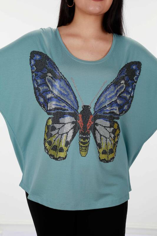Wholesale Women's Combed Cotton Short Sleeve Stone Butterfly Detail - 78904 | KAZEE