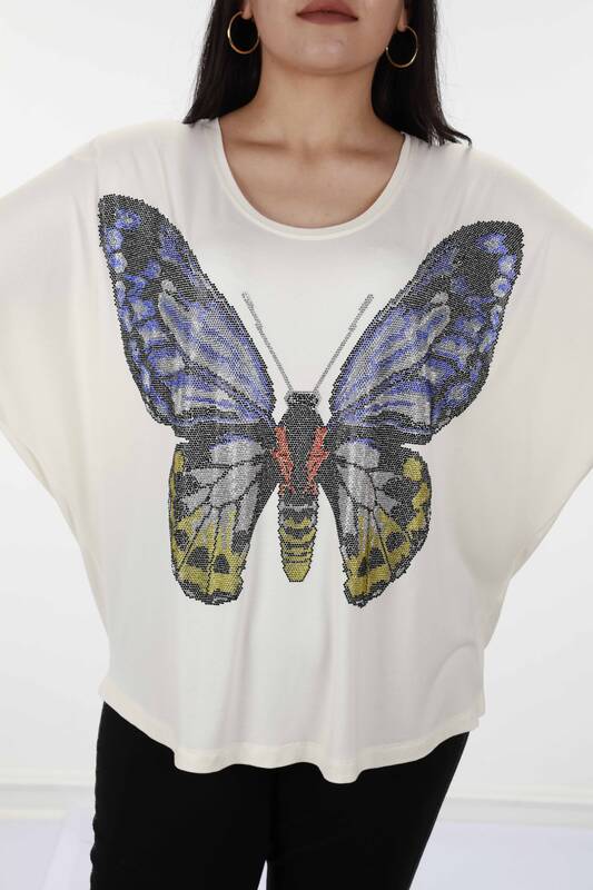 Wholesale Women's Combed Cotton Short Sleeve Stone Butterfly Detail - 78904 | KAZEE