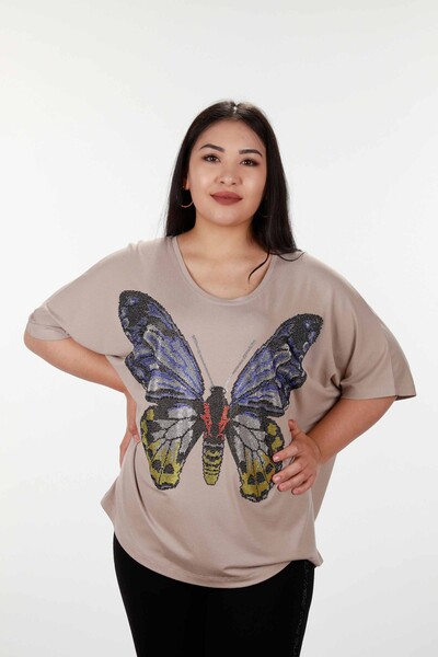 Wholesale Women's Combed Cotton Short Sleeve Stone Butterfly Detail - 78904 | KAZEE - Thumbnail
