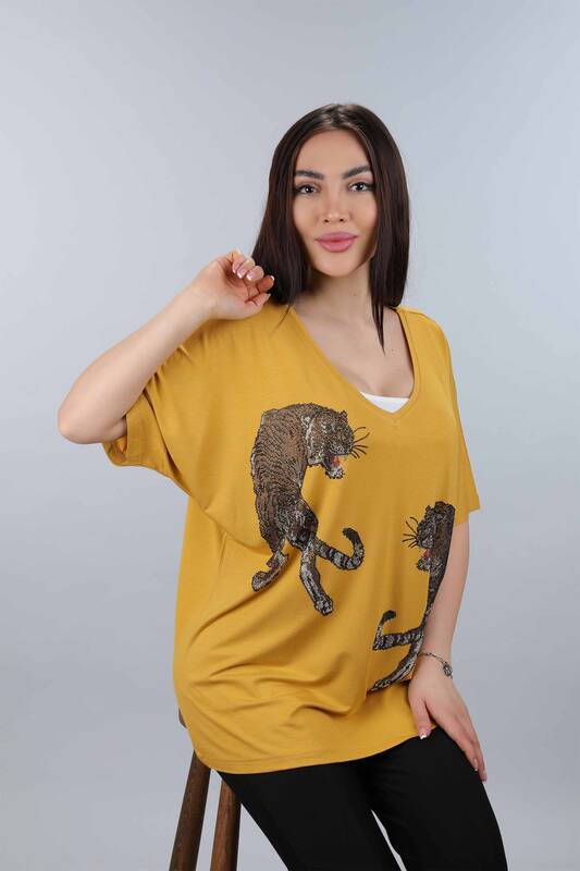 Wholesale Women's Combed Cotton Tiger Figured Stone Embroidered - 77546 | KAZEE