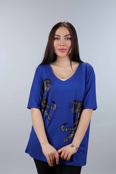 Wholesale Women's Combed Cotton Tiger Figured Stone Embroidered - 77546 | KAZEE - Thumbnail
