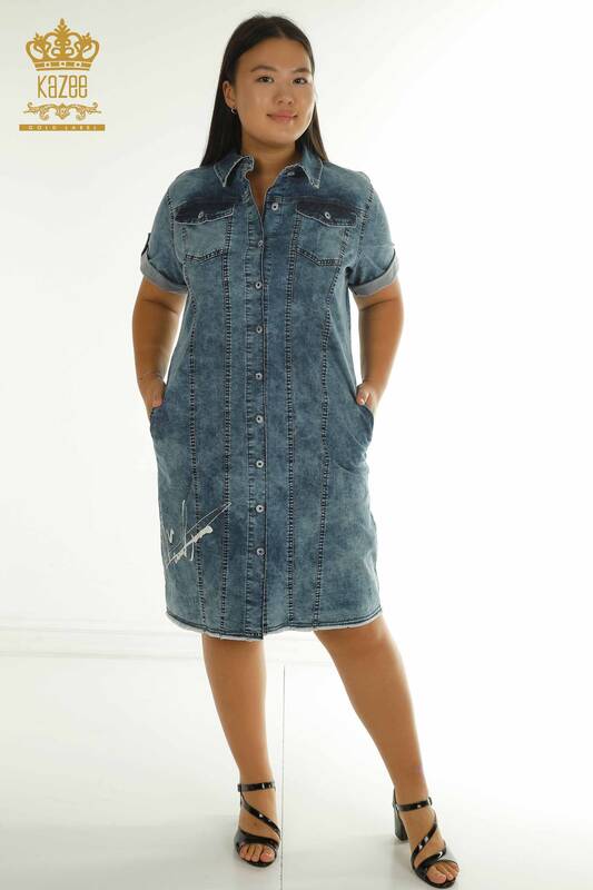 Wholesale Women's Denim Dress - Stone Embroidered - Blue - 2505-10121 | T