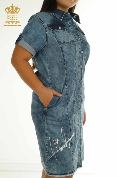 Wholesale Women's Denim Dress - Stone Embroidered - Blue - 2505-10121 | T - Thumbnail