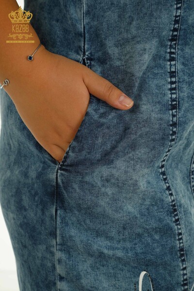 Wholesale Women's Denim Dress - Stone Embroidered - Blue - 2505-10121 | T - Thumbnail