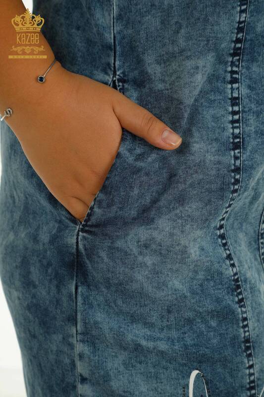 Wholesale Women's Denim Dress - Stone Embroidered - Blue - 2505-10121 | T