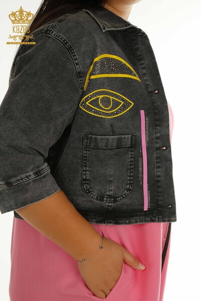 Wholesale Women's Denim Jacket Dress - Colorful Patterned - Grey-Pink - 2405-10141 | T - Thumbnail