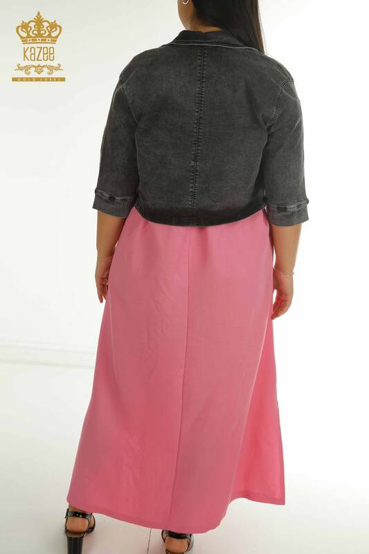 Wholesale Women's Denim Jacket Dress - Colorful Patterned - Grey-Pink - 2405-10141 | T