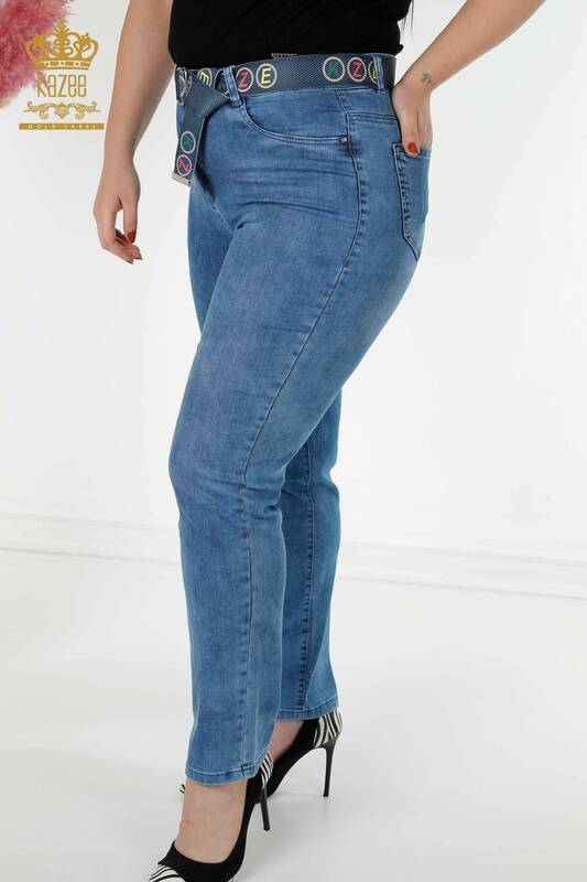 Wholesale Women's Jeans With Belt Detailed Blue - 3682 | KAZEE