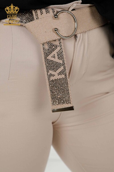 Wholesale Women's Jeans Belted Beige - 3468 | KAZEE - 3