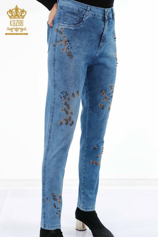 Wholesale Women's Jeans Colored Crystal Stone Embroidered Pattern - 3543 | KAZEE