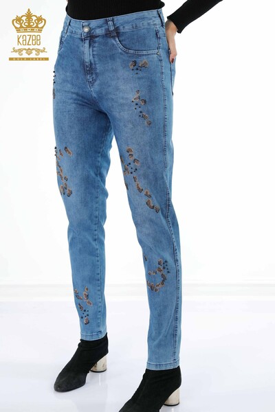Wholesale Women's Jeans Colored Crystal Stone Embroidered Pattern - 3543 | KAZEE - Thumbnail