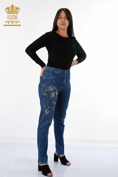 Wholesale Women's Jeans Floral Patterned Embroidered With Stones - 3497 | KAZEE - Thumbnail