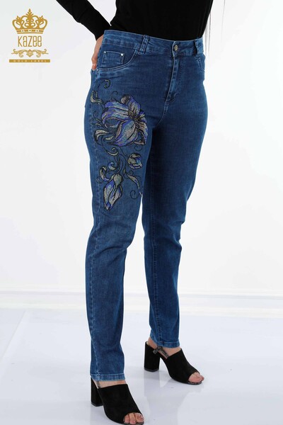 Wholesale Women's Jeans Floral Patterned Embroidered With Stones - 3497 | KAZEE - Thumbnail