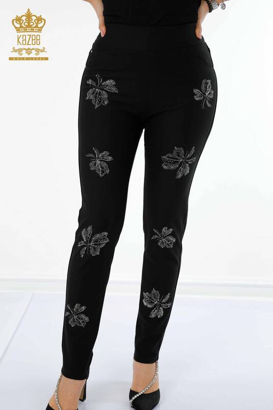 Wholesale Women's Jeans Leaf Patterned Black - 3562 | KAZEE