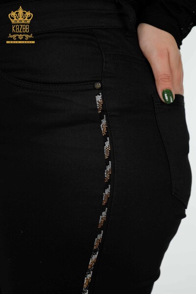 Wholesale Women's Jeans Leopard Pattern Stone Embroidered Black - 3600 | KAZEE - 3