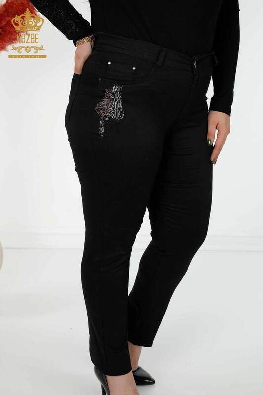 Wholesale Women's Jeans Leopard Pattern Stone Embroidered Black - 3600 | KAZEE