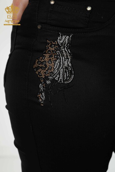 Wholesale Women's Jeans Leopard Pattern Stone Embroidered Black - 3600 | KAZEE - Thumbnail