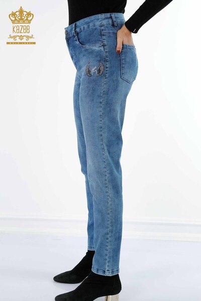 Wholesale Women's Denim Trousers Patterned Text Detailed Stone Embroidered - 3553 | KAZEE - Thumbnail