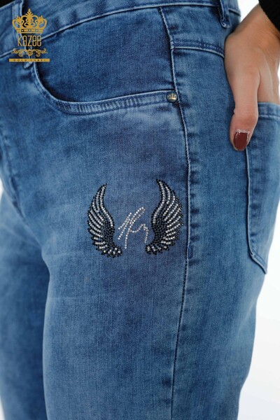Wholesale Women's Denim Trousers Patterned Text Detailed Stone Embroidered - 3553 | KAZEE - Thumbnail