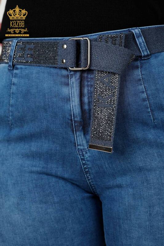 Wholesale Women's Jeans With Pocket Belt Detailed Blue - 3687 | KAZEE