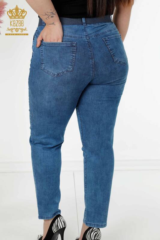 Wholesale Women's Jeans With Pocket Belt Detailed Blue - 3687 | KAZEE