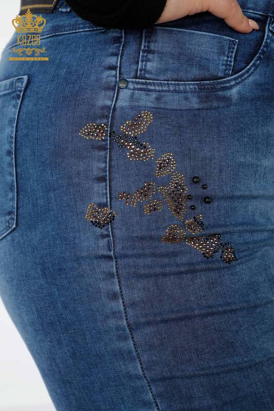 Wholesale Women's Jeans Stone Embroidered Blue - 3607 | KAZEE