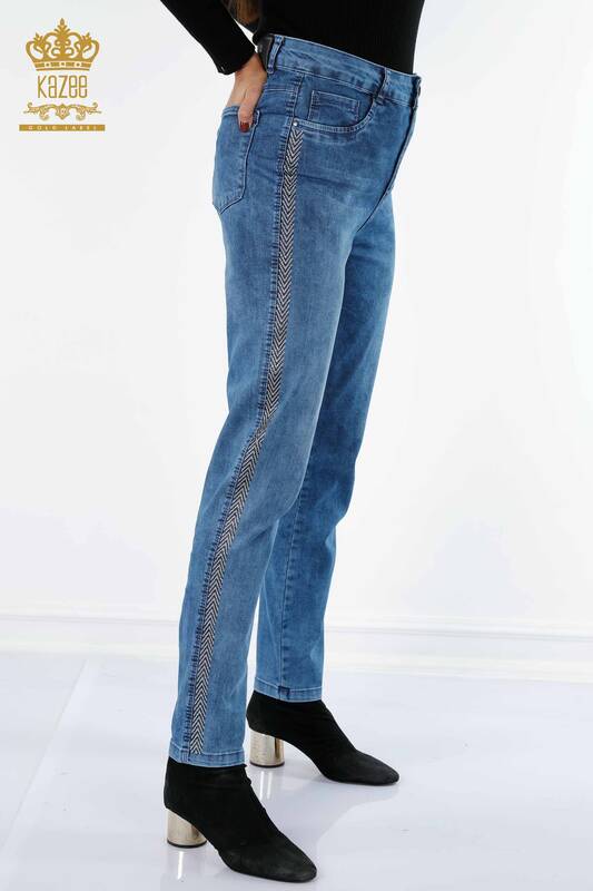 Wholesale Women's Jeans Stripe Crystal Stone Embroidered Cotton - 3557 | KAZEE