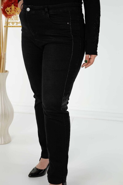 Wholesale Women's Jeans Sliver Stone Embroidered Black - 3653 | KAZEE - 2