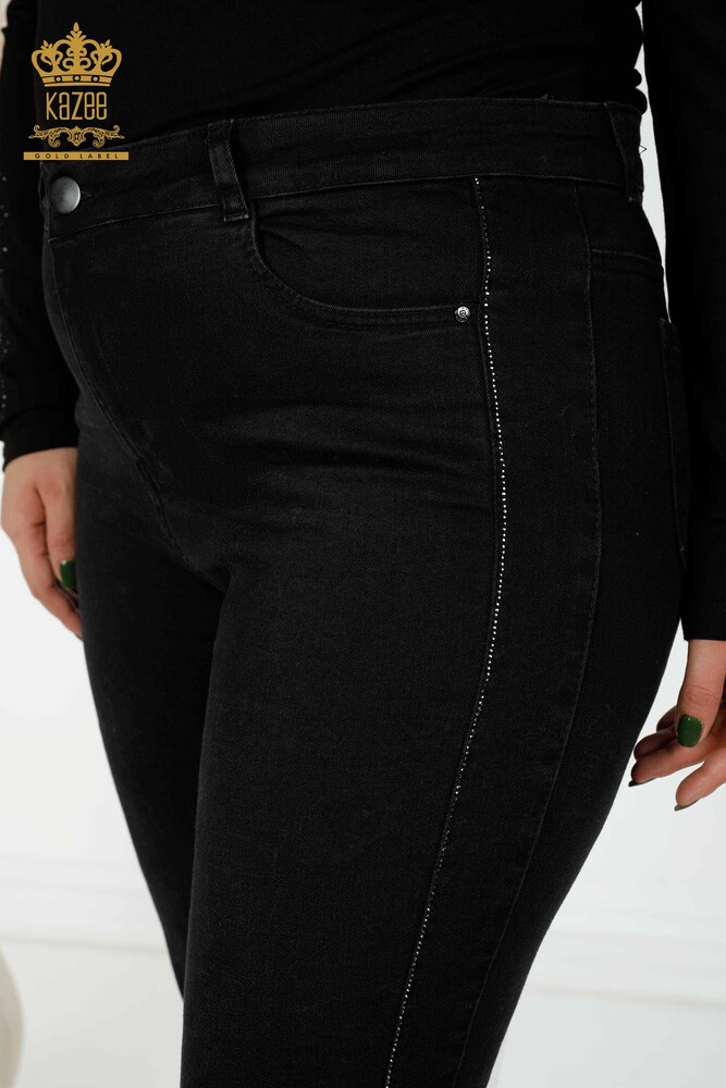 Wholesale Women's Jeans Sliver Stone Embroidered Black - 3653 | KAZEE - 3