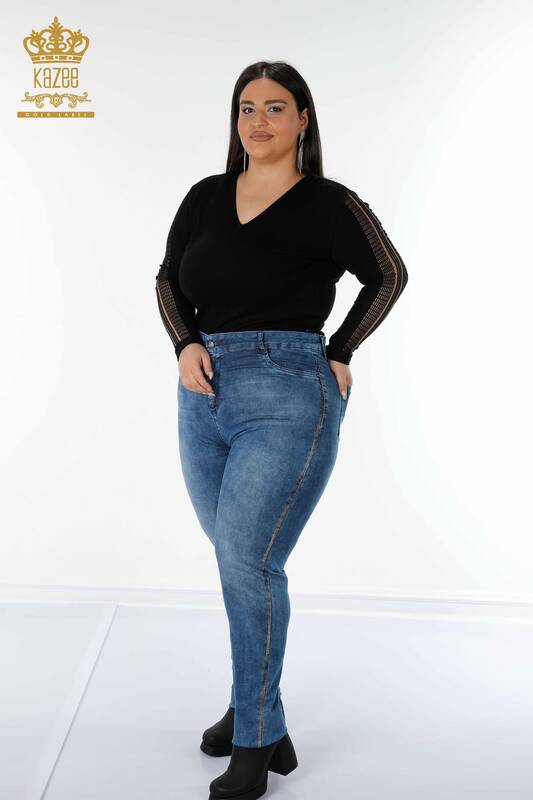 Wholesale Women's Jeans Sliver Color Stone Embroidered Blue - 3567 | KAZEE