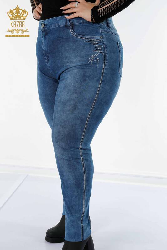 Wholesale Women's Jeans Sliver Stone Embroidered Blue - 3566 | KAZEE