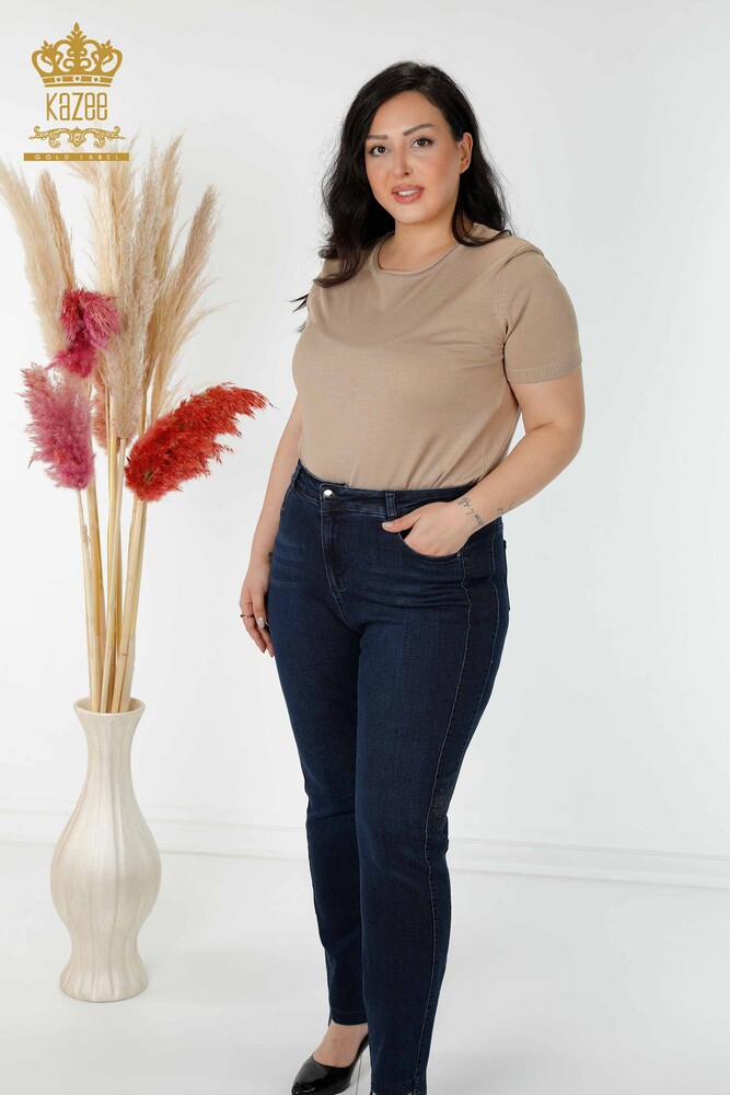 Wholesale Women's Jeans Stripe Stone Embroidered Navy Blue - 3653 | KAZEE - 1