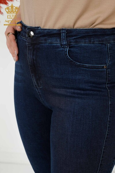 Wholesale Women's Jeans Stripe Stone Embroidered Navy Blue - 3653 | KAZEE - 3